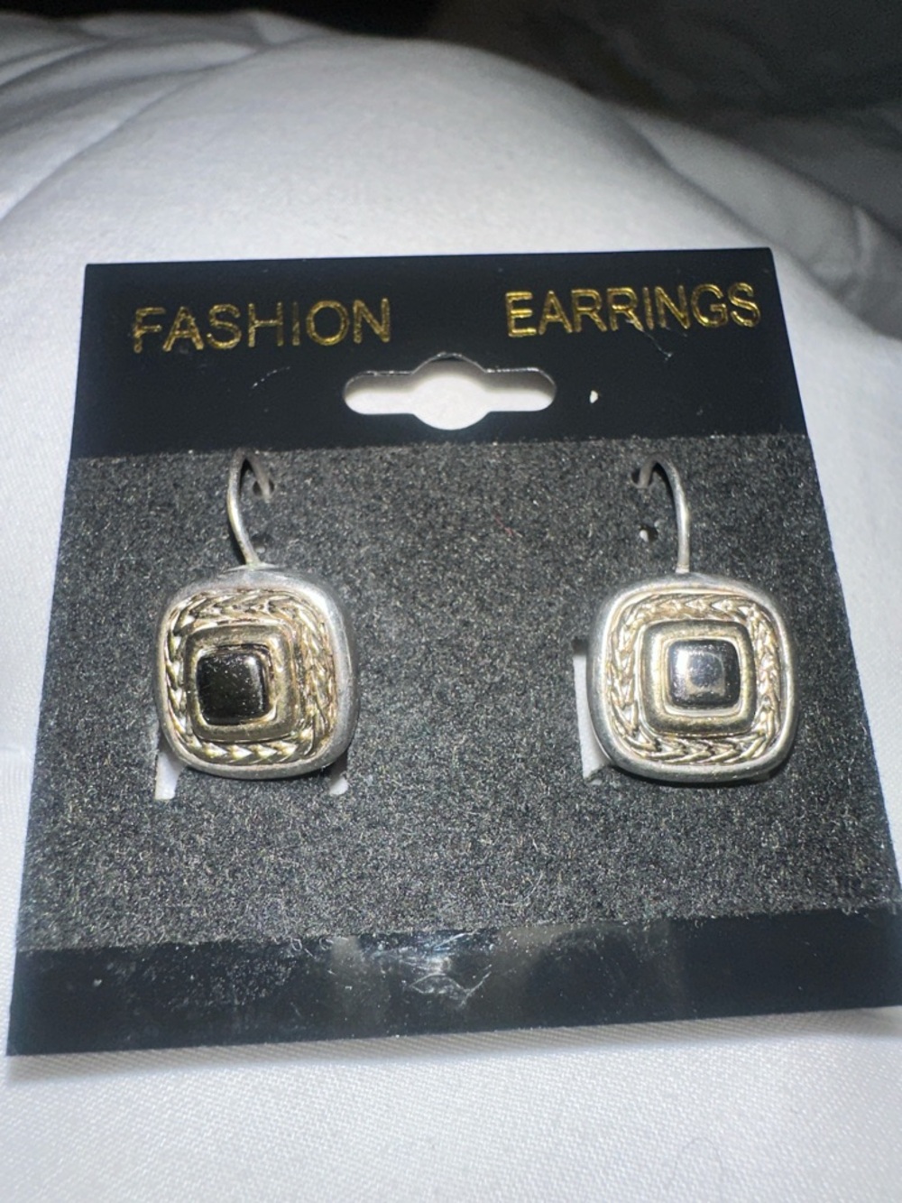 Silver-Tone Drop Earrings with Black Square Stone